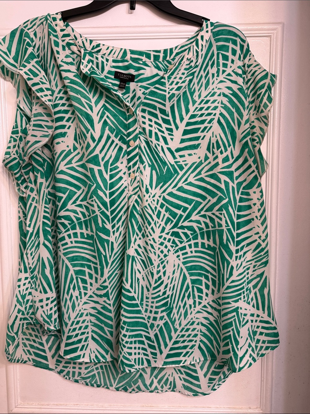 Talbots White & Green Palm-Print Short Sleeve Blouse